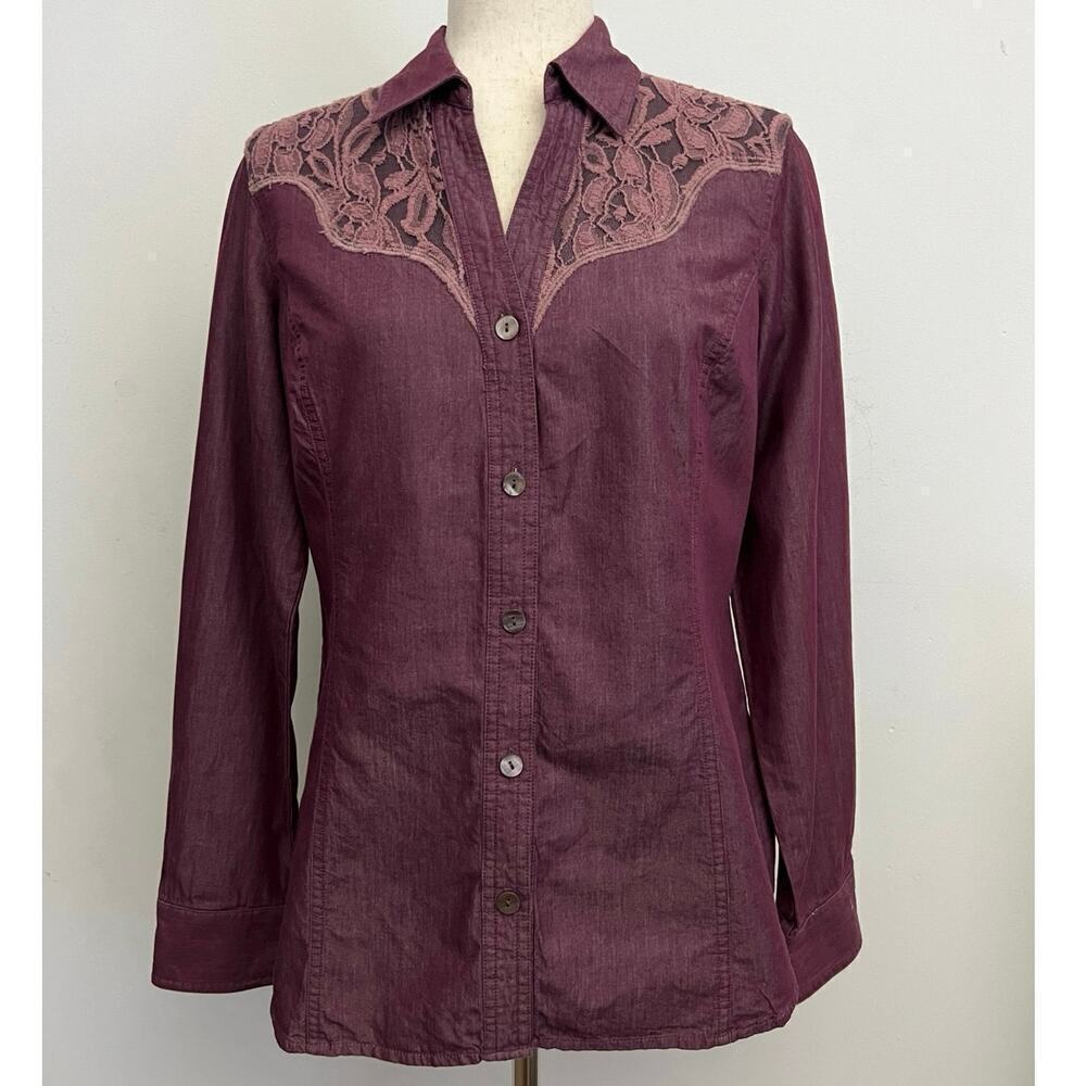 Noble Outfitters Shirt Women’s Sz M Bluegrass Button Up Lace Overlay Western Top